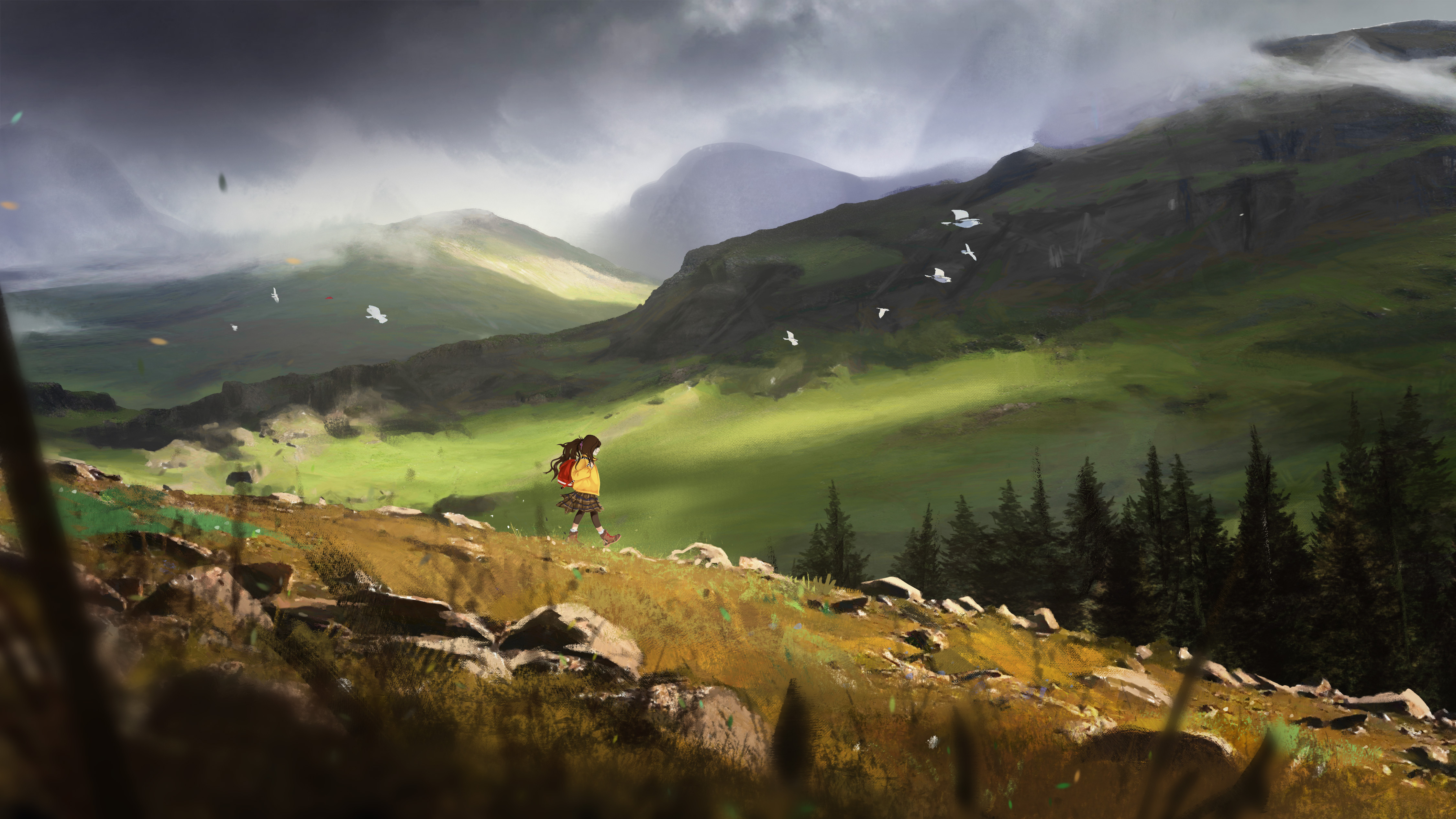 Concept art with character walking across highlands
